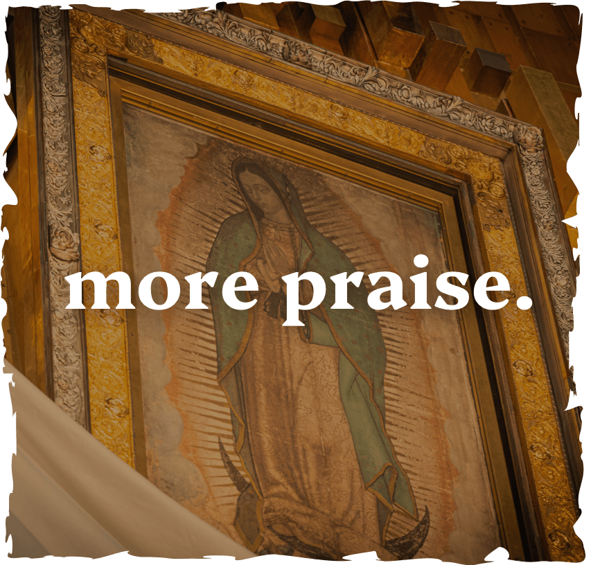 The Tilma on golden background with the words More Praise.